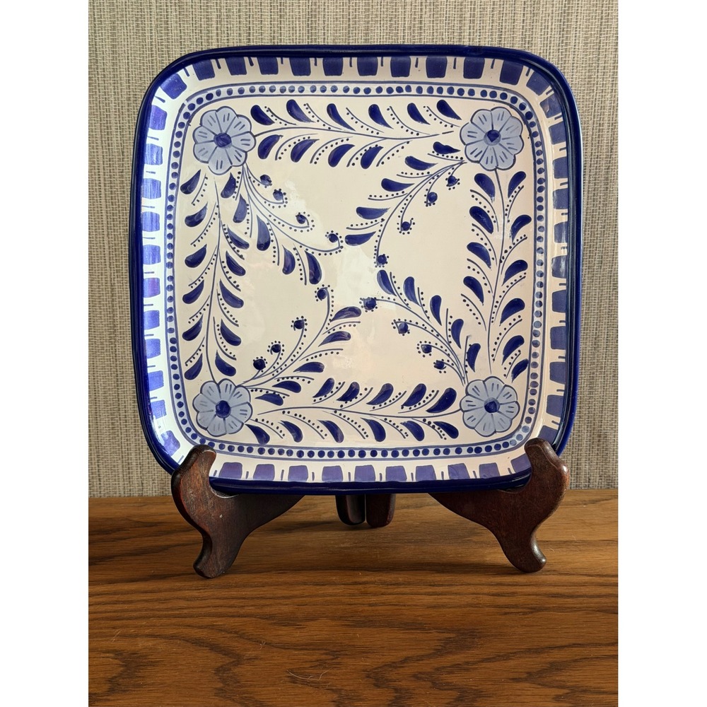 Le Souk Ceramique Blue White Square 9.75" Plate Hand Painted Floral